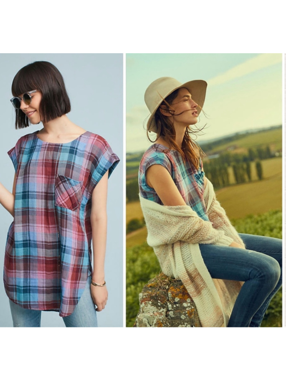Anthropologie Akemi + Kin Plaid Cap-Sleeve Plaid Tunic Shirt XS Boho Preppy Fall